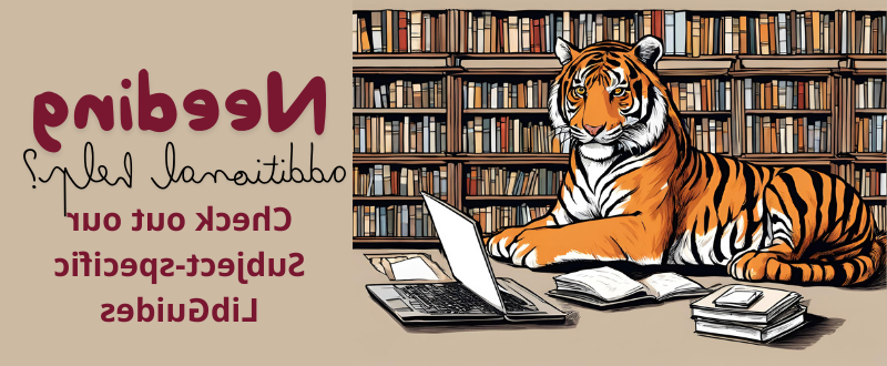 A tiger studying on a laptop with a stack of books and a bookcase in the background, emphasizing a focus on research and learning